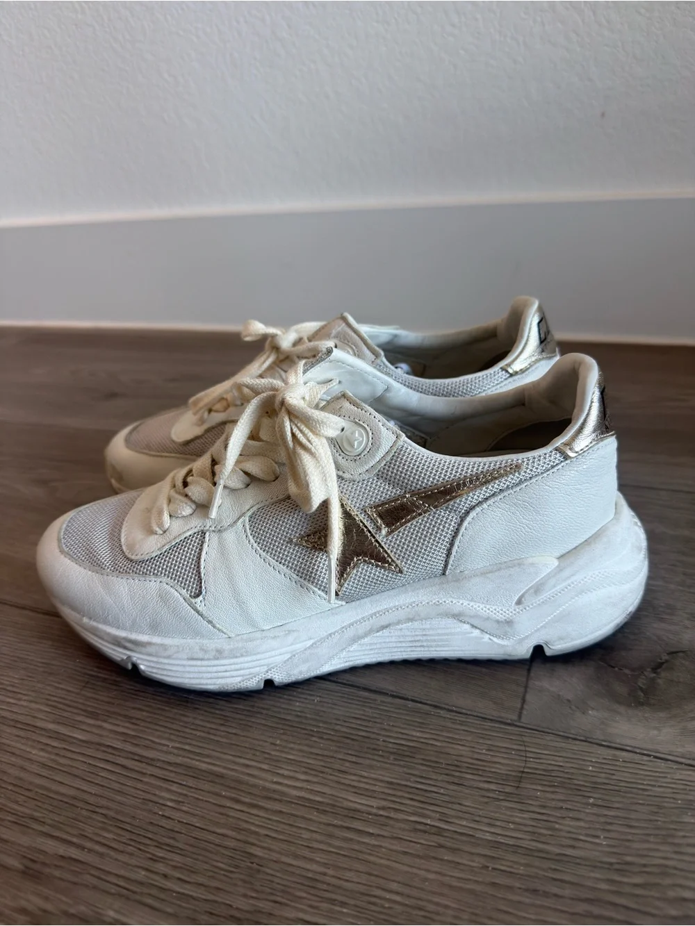 White Golden Goose Running Soles Sneakers with Gold Heel Accent